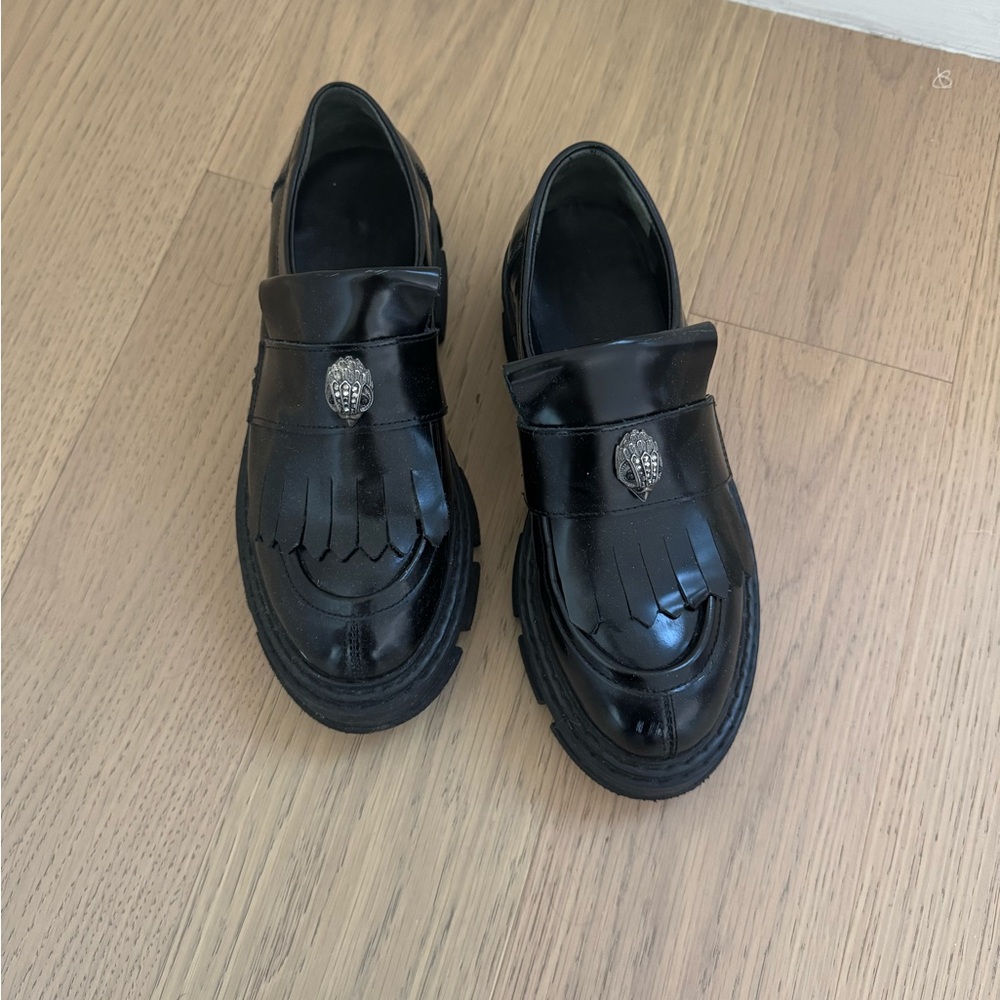 Kurt Geiger Black Leather Mules with Silver Emblem